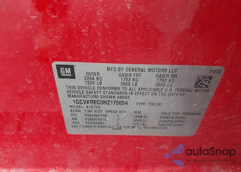 2017 Chevrolet Silverado 1500 2Lt из США, поврежденный, VIN 1GCVKREC0HZ175654